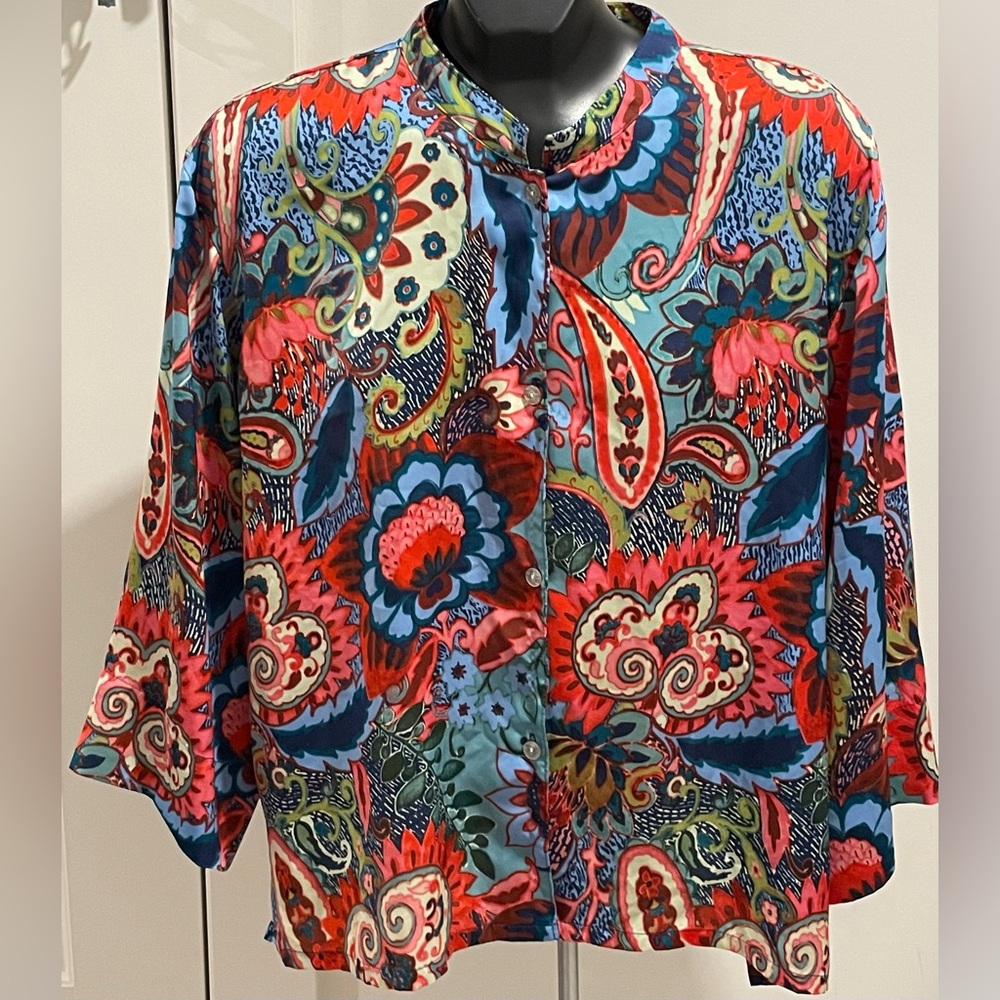 Natori Multicolor Paisley Floral Blouse in Coral, Teal & Navy